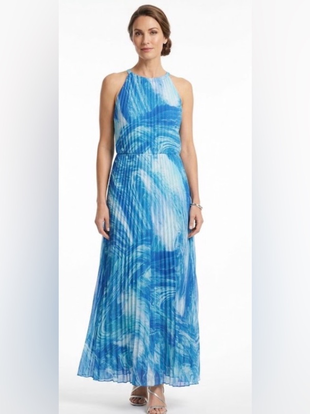 Chico's Blue & Aqua Pleated Maxi Dress (size 10)